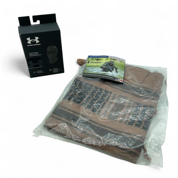 Under Armour Tactical Balaclava, Black and Shadow Strategic Shemagh Scarf, Coyote Tan