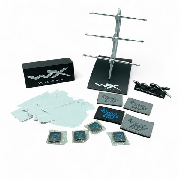 Wiley X Sun Glasses Stand, Wiley X Logo Blocks X 2 Qty and Assorted Patches and Stickers