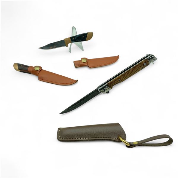 Folding 3-1/2" Pattern Blade Knife with sheath and Fixed 3" Blade Boning Knife and Sheath X 2 Qty