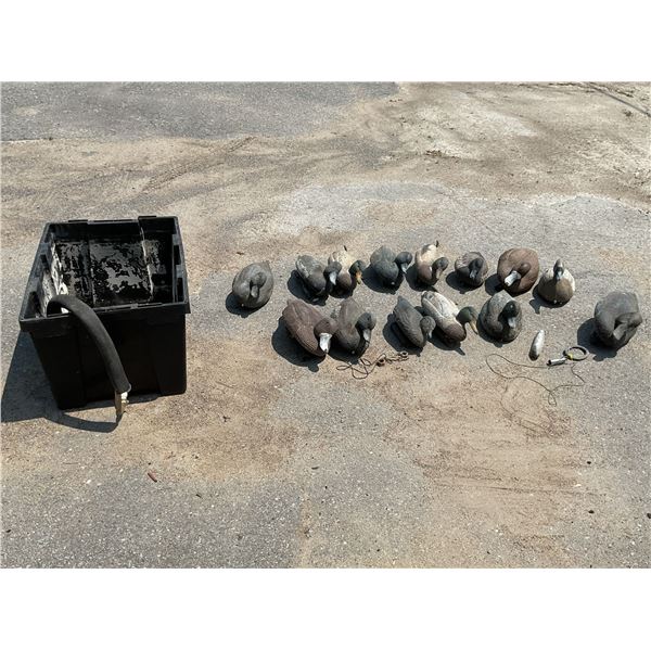 Assorted Floating Duck Decoys and Plastic Bin with Drain X 14 Qty