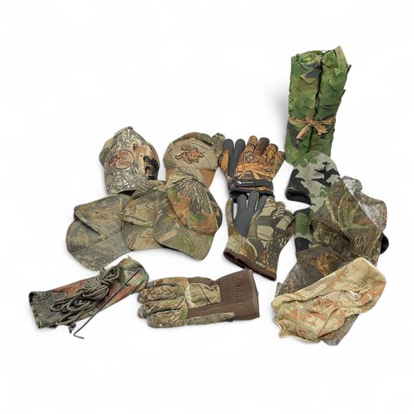 Assorted Hunting/ Camo Head Gear, Gloves and Cam Net