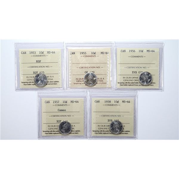 Lot of (x5) Canada 10¢ ICCS MS-64; 1953 NSF, 1955, 1956, 1957 Cameo, 1958