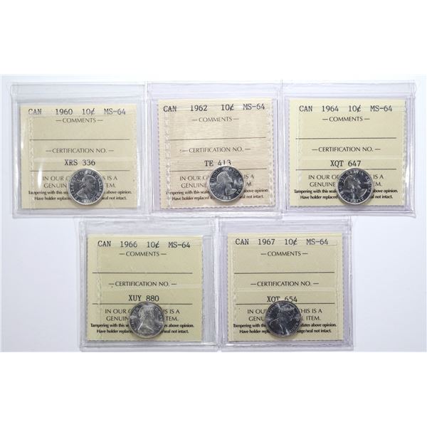 Lot of (x5) Canada 10¢ ICCS MS-64; 1960, 1962, 1964, 1966, 1967