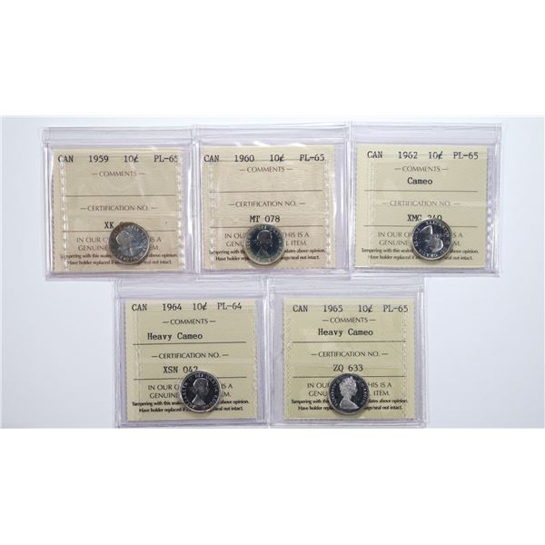 Lot of (x5) Canada 10¢ ICCS; (x1) PL-64 (1964 Heavy Cameo), (x4) PL-65 (1959, 1960, 1962 Cameo, 1965