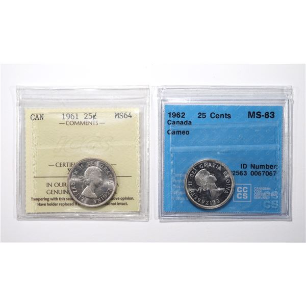 Lot of (x2) Canada 25¢; 1961 ICCS MS-64, 1962 CCCS MS-63 Cameo