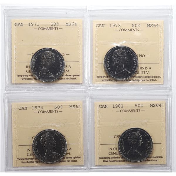 Lot of (x4) Canada 50¢ ICCS MS-64; 1971, 1973, 1974, 1981
