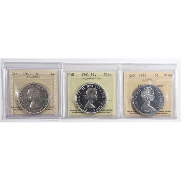 Lot of (x3) Canada $1 ICCS PL-64; 1959, 1961 Cameo, 1965 SB P5; Cameo