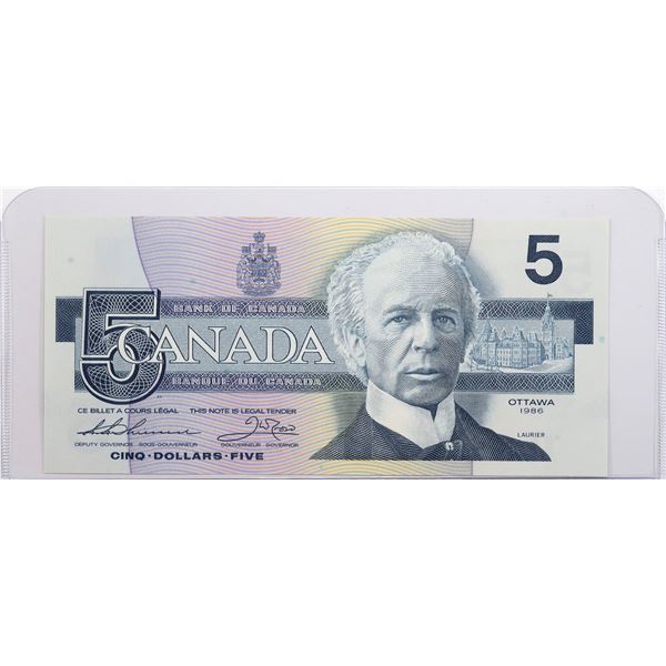 1986 Canada $5 BC-56bA; Thiessen-Crow, Replacement, FNX3770897; CUNC