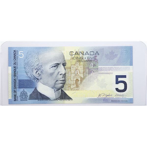 2002 Canada $5 BC-62b-N1-iii; Jenkins-Dodge, Four-Digit Radar, HOY2916192; UNC