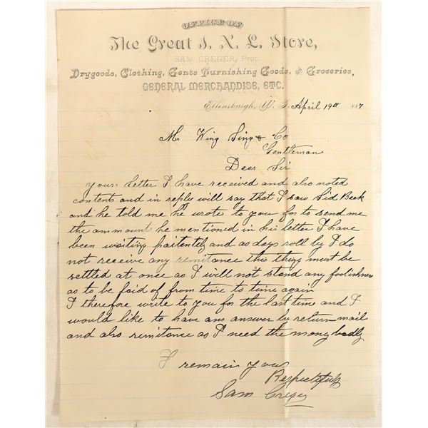 Ellensburgh Washinton Territory Letter [183904]