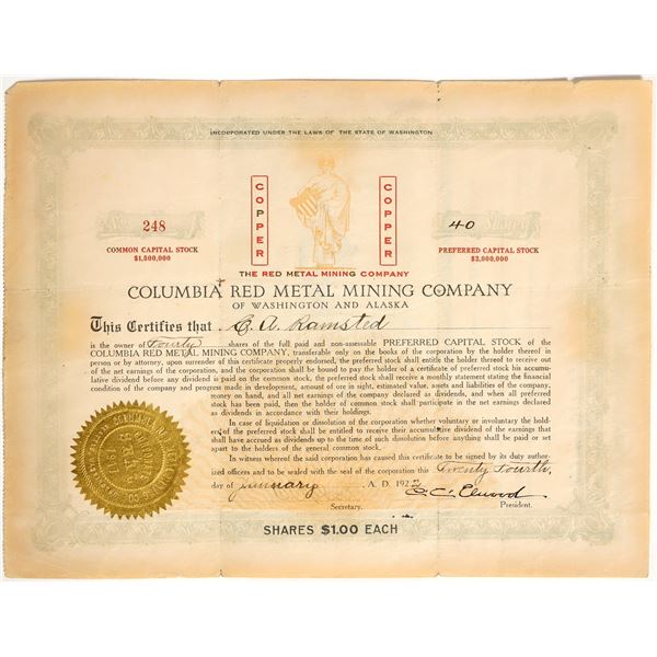 Columbia Red Metal Mining Company Stock Certificate  1922  [198641]