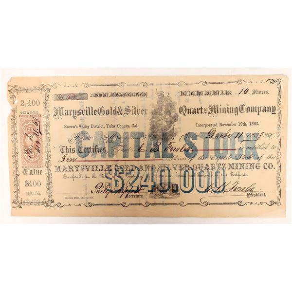 Marysville Gold & Silver Quartz Mining Stock, 1863, Rare [191696]