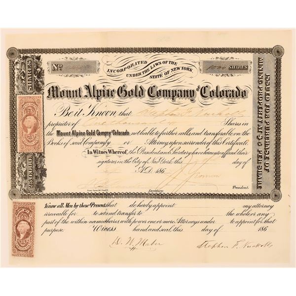 Mount Alpine Gold Co. of Colorado Stock Cert, 1864 [191416]