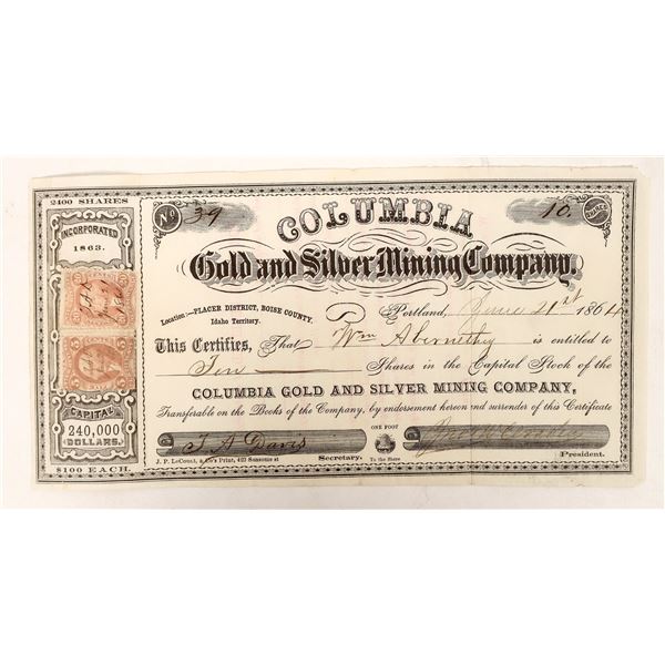 Columbia Gold and Silver Mining Stock, 1864, [191707]