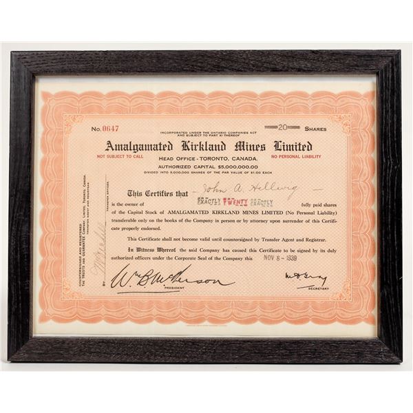 Stock Certificate for the Amalgamated Kirkland Mines Limited 1939 Toronto [198652]