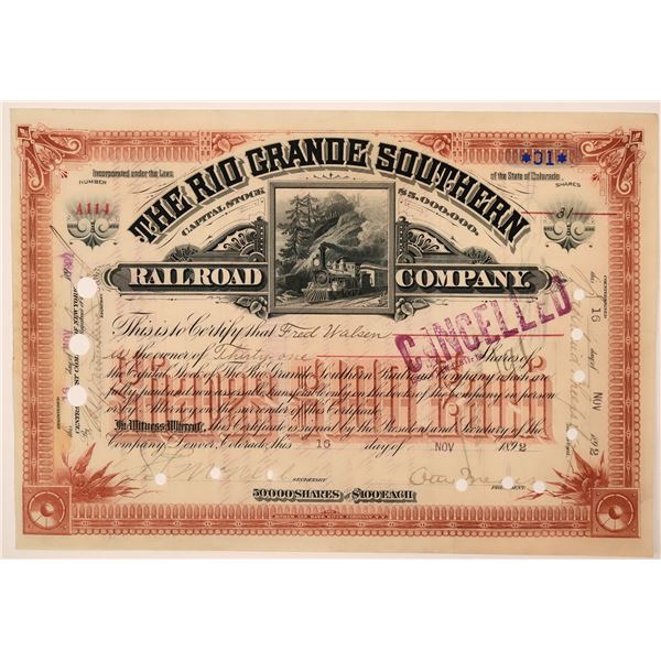 The Rio Grande Southern Railroad Co. Stock Signed by Otto Mears [199668]