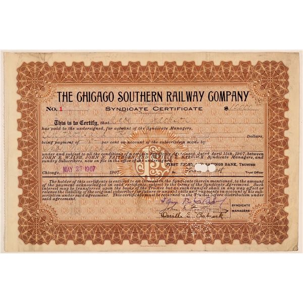Chicago Southern Railway Co Syndicate Certificate #1 [199651]