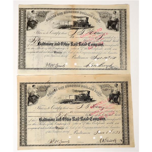 Baltimore and Ohio Railroad Stocks, 2  Different President Sigs, 1877-78 [193977]