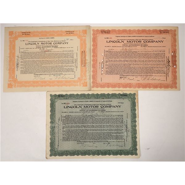 Lincoln Motor Stocks, 3 Different, 1920-22 [192730]