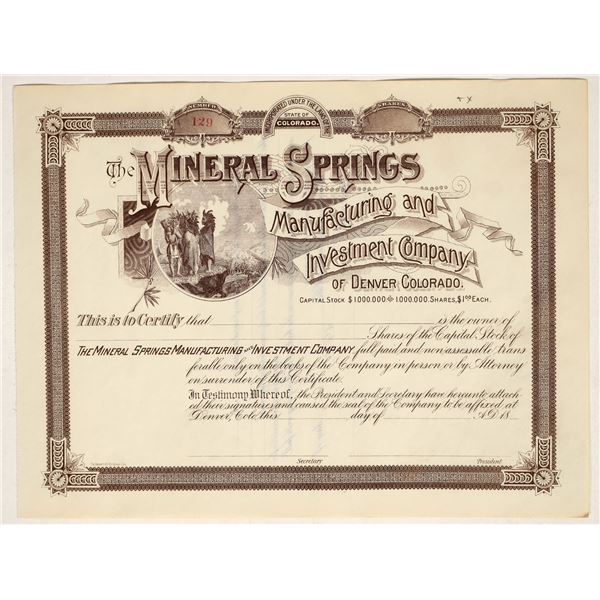 Mineral Springs Manufacturing & Investment Co. Stock Certificate, Denver, c.1889 [192917]