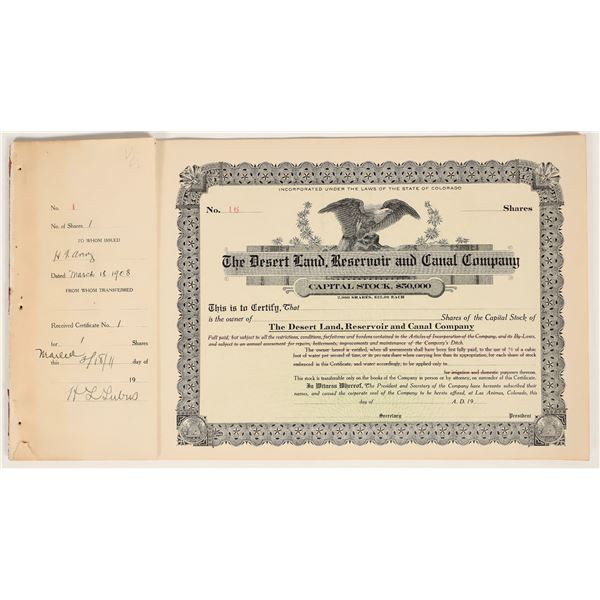 Desert Land, Reservoir and Canal Company Stock Certificates & Stub Register [196910]