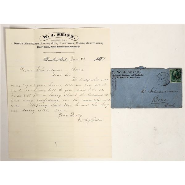 W.J. Shinn, Druggist, Truckee, Letterhead & Corner Ad Cover, 1878, to Boca [199261]