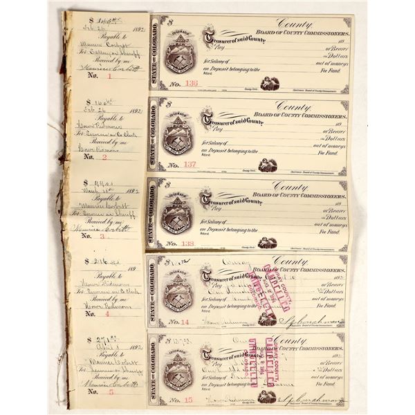 1892 Colorado Board of County Commissioners Check Stubs [199712]