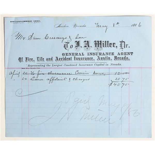 Austin, Nevada Insurance Billhead 1886 [199423]