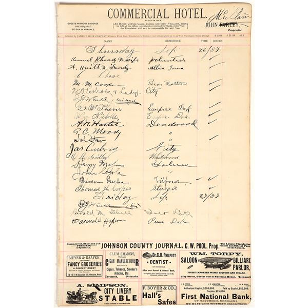 Commercial Hotel Register Signed by Sol Star, Deadwood Mayor & Seth Bullock Business Partner, 1889 [