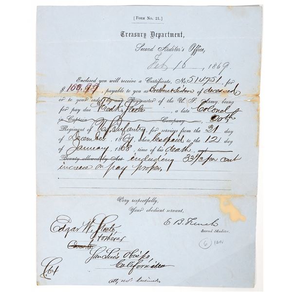 Colonel Frederick Steele Compensation from The Treasury Dept. Form 21, c.1869 [194258]