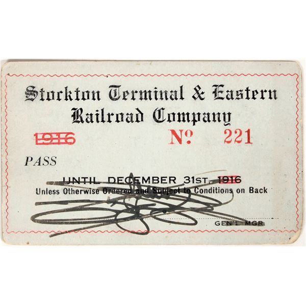 Stockton Terminal & Eastern Railroad Company Pass 1916 [197429]