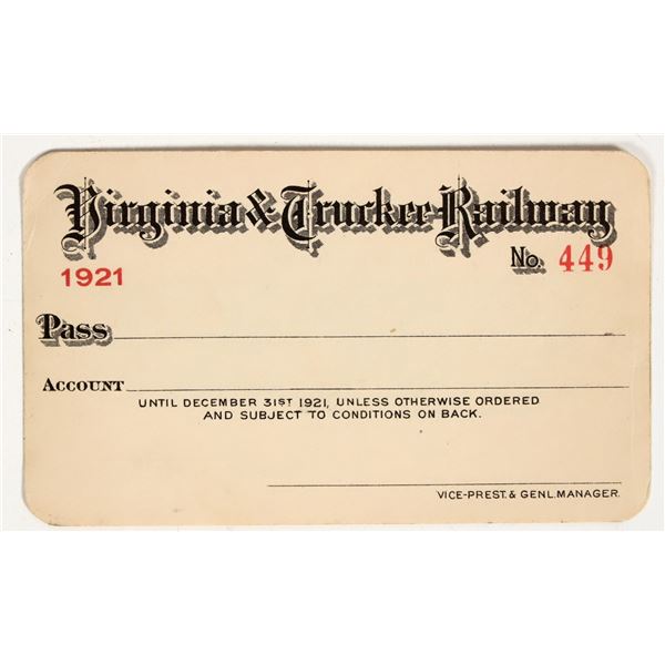 Virginia & Truckee Railway Annual Pass, 1921 [197510]