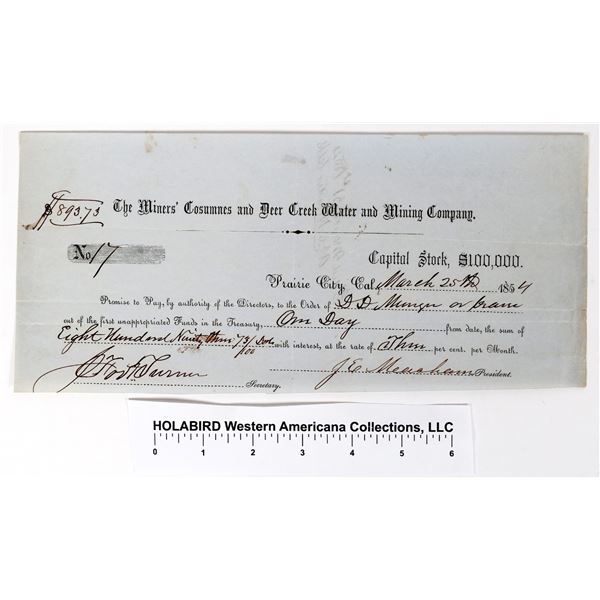 Miners Consumnes & Deer Creek Water & Mining Co. Promissory Note, Prairie City  1854 [193632]