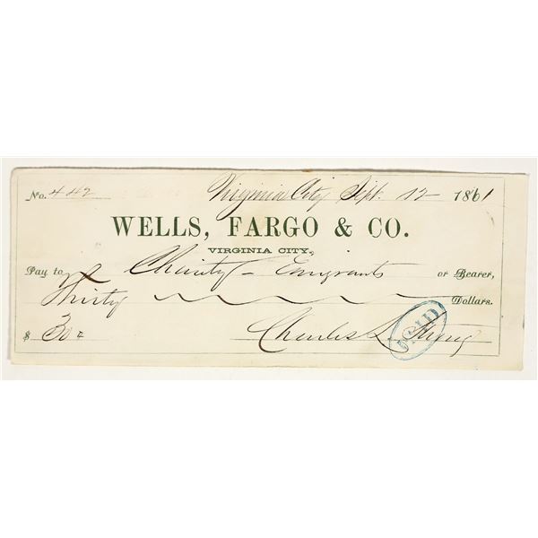 Virginia City, Nevada Territory Wells Fargo Check for "Emigrants Charity", 1861 [199160]