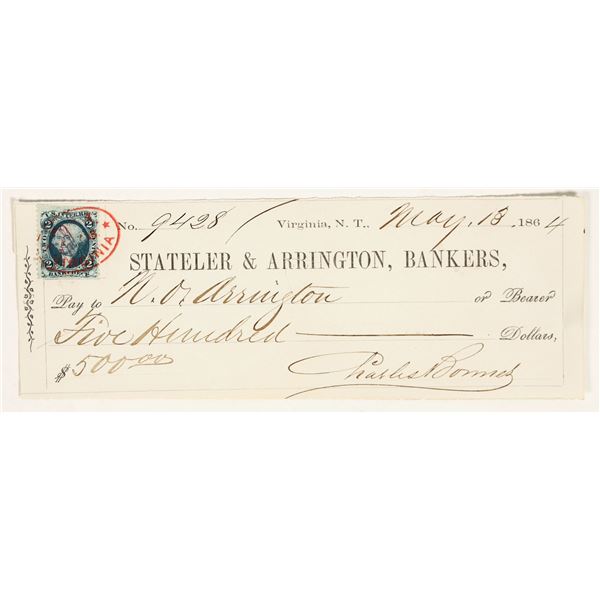 Stateler & Arrington Nevada Territory Bank Check Issued to Co-founder NO Arrington [199179]