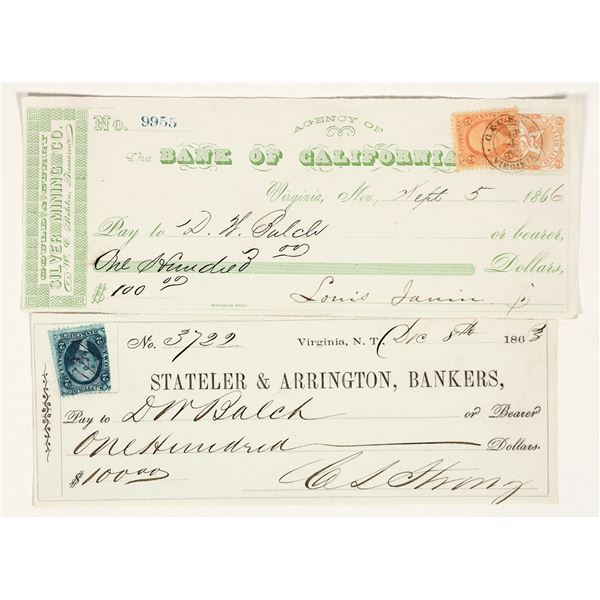Virginia City, Nevada Gould & Curry Mine Check Pair Issued to Assayer DW Balch [199163]