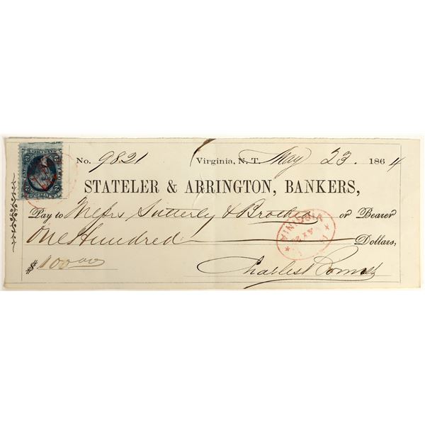 Virginia City, Nevada Territory Check Issued to Photo Studio Sutterley & Bro. [198889]