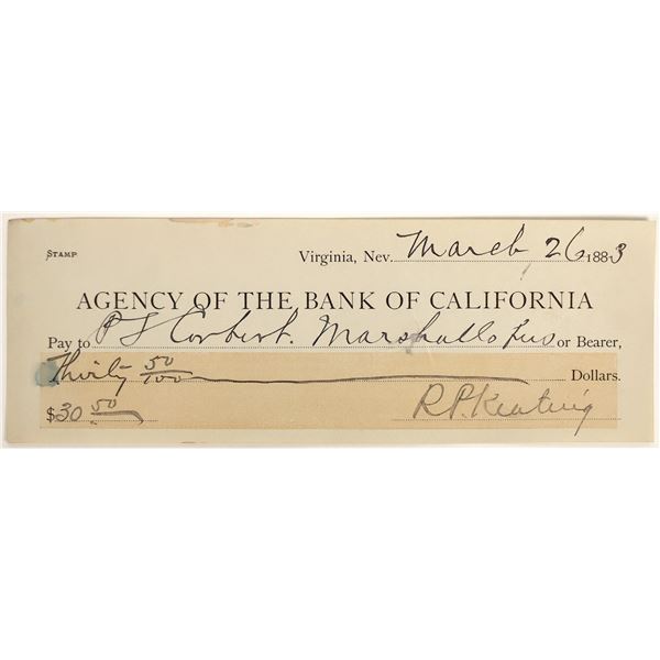 Virginia City, Nevada Check Issued to PJ Corbett, US Marshal [199030]