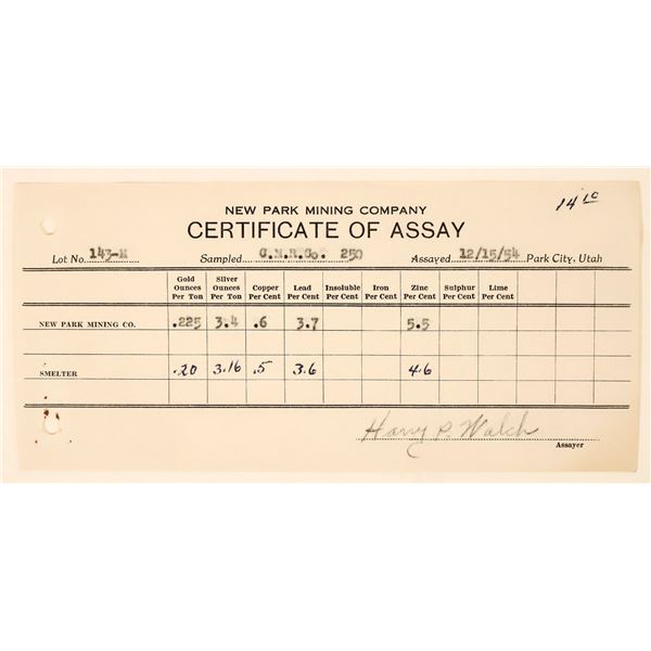 Certificate of Assay, 1954, Park City UT [190924]