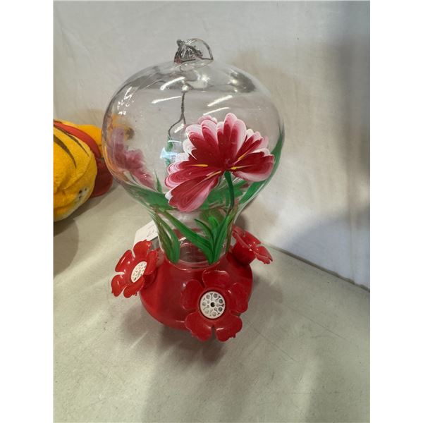Hand painted glass, hummingbird feeder