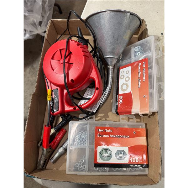 Flat washers, hex, nuts, Coleman pump, and funnel