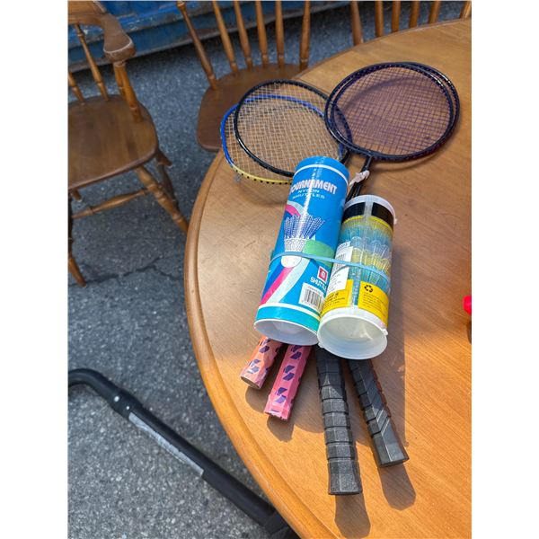 Badminton items, birdies, and rackets