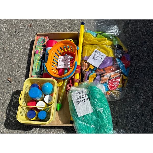 Bubbles, beach, balloon, and cheerleader pom-poms