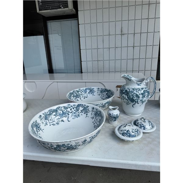 CT Maling England 1893/94 pitcher two basins soap, dishes, toothbrush holder, one small chip in one 