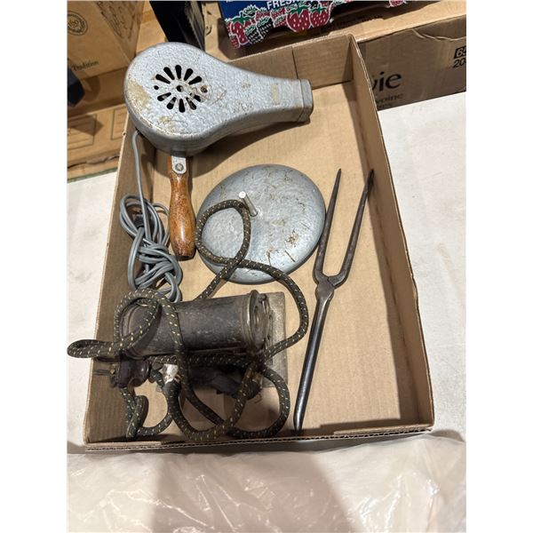 Metal thing, antique hairdryer, and other antique tools