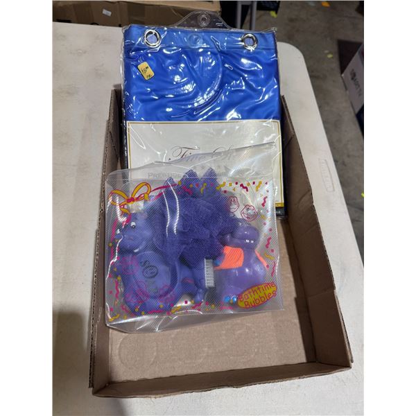 Shower curtain and bath time hippo items