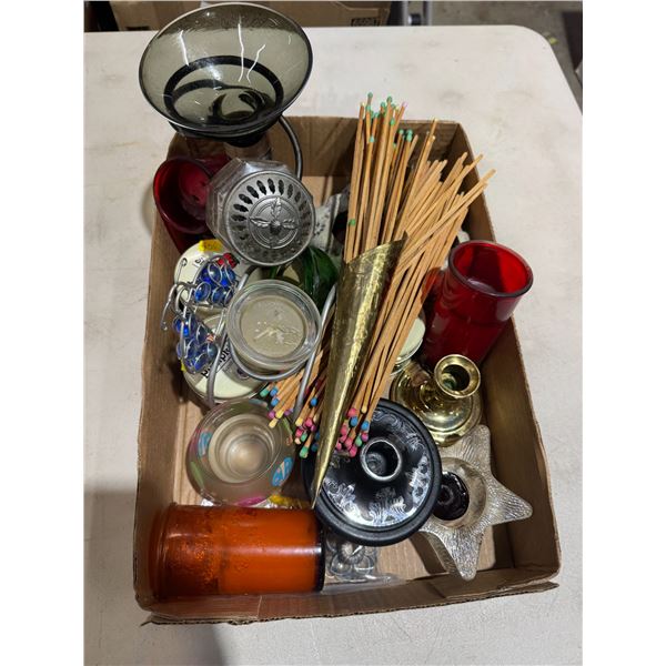 Matches match holder, candles, and candle holders
