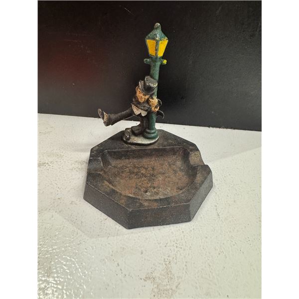 Vintage John Wright Cast Iron Ash Tray Drunk Man Hanging on Lamp Post