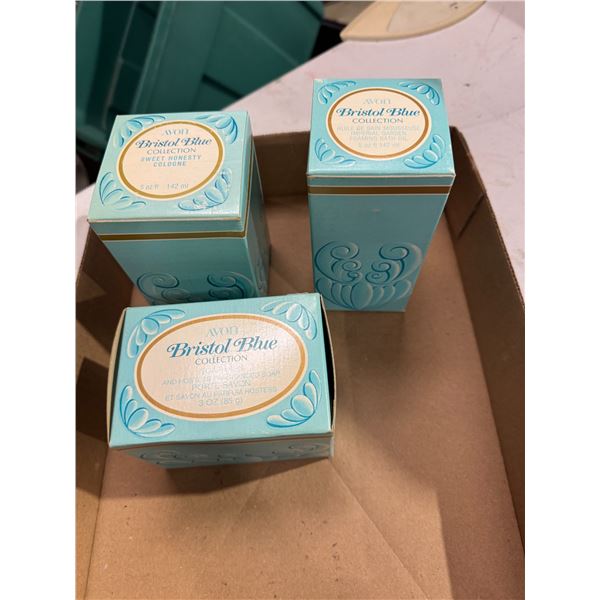 Avon Bristol, blue soap, dish, foaming bath, oil, and cologne