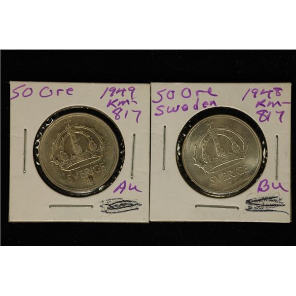 1948 & 1949 SWEDEN SILVER 50 ORE AU/BU COINS